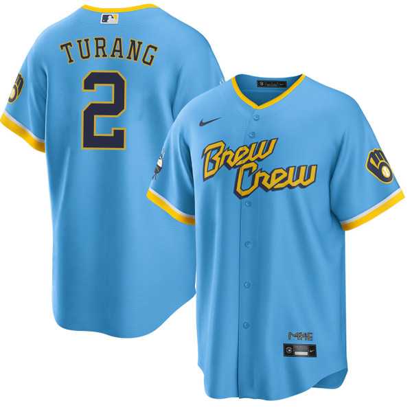 Mens Milwaukee Brewers #2 Brice Turang Blue 2022 City Connect Cool Base Stitched Jersey->milwaukee brewers->MLB Jersey